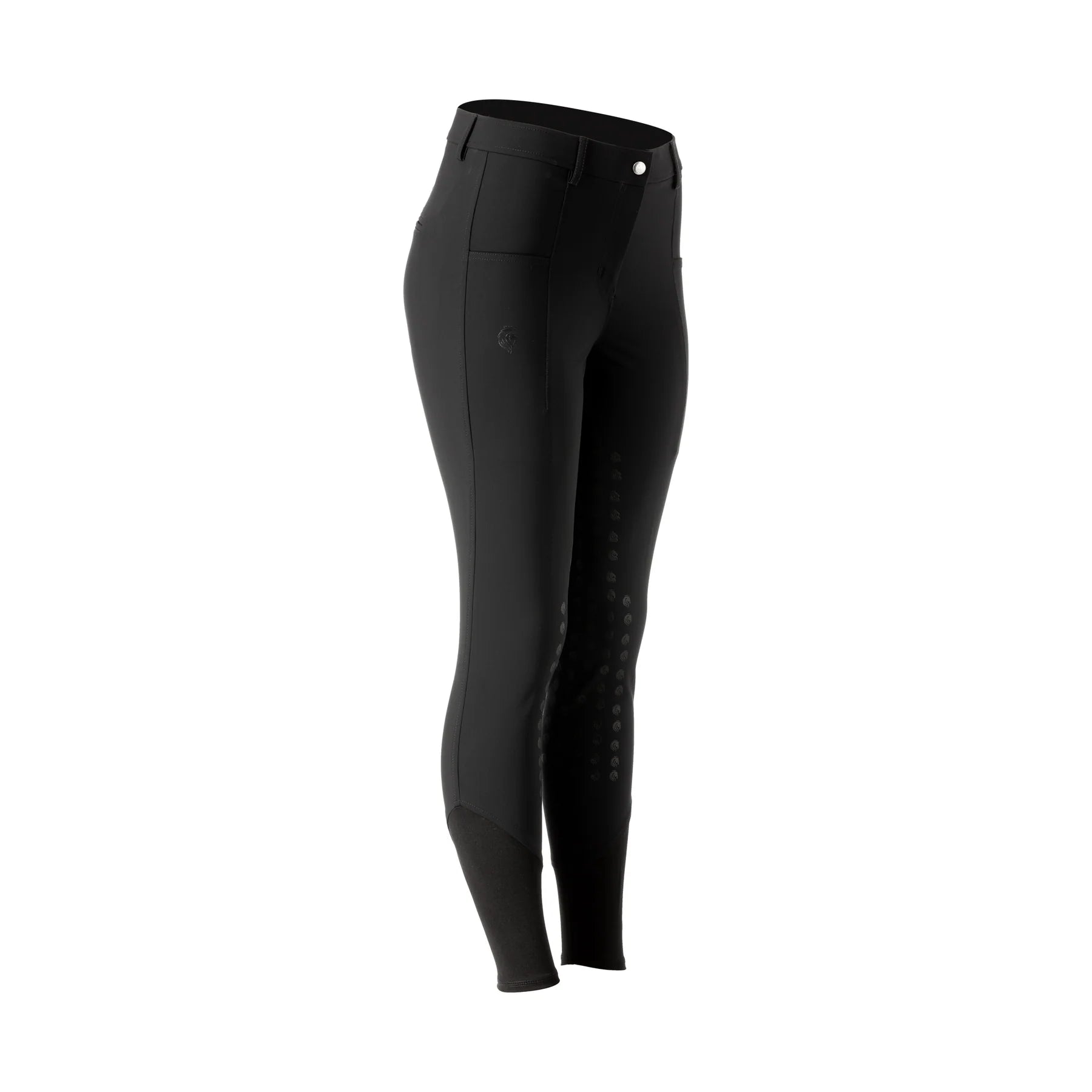 Angled side view of Black Equinavia Anna Tailored Full Seat Breech on a white background