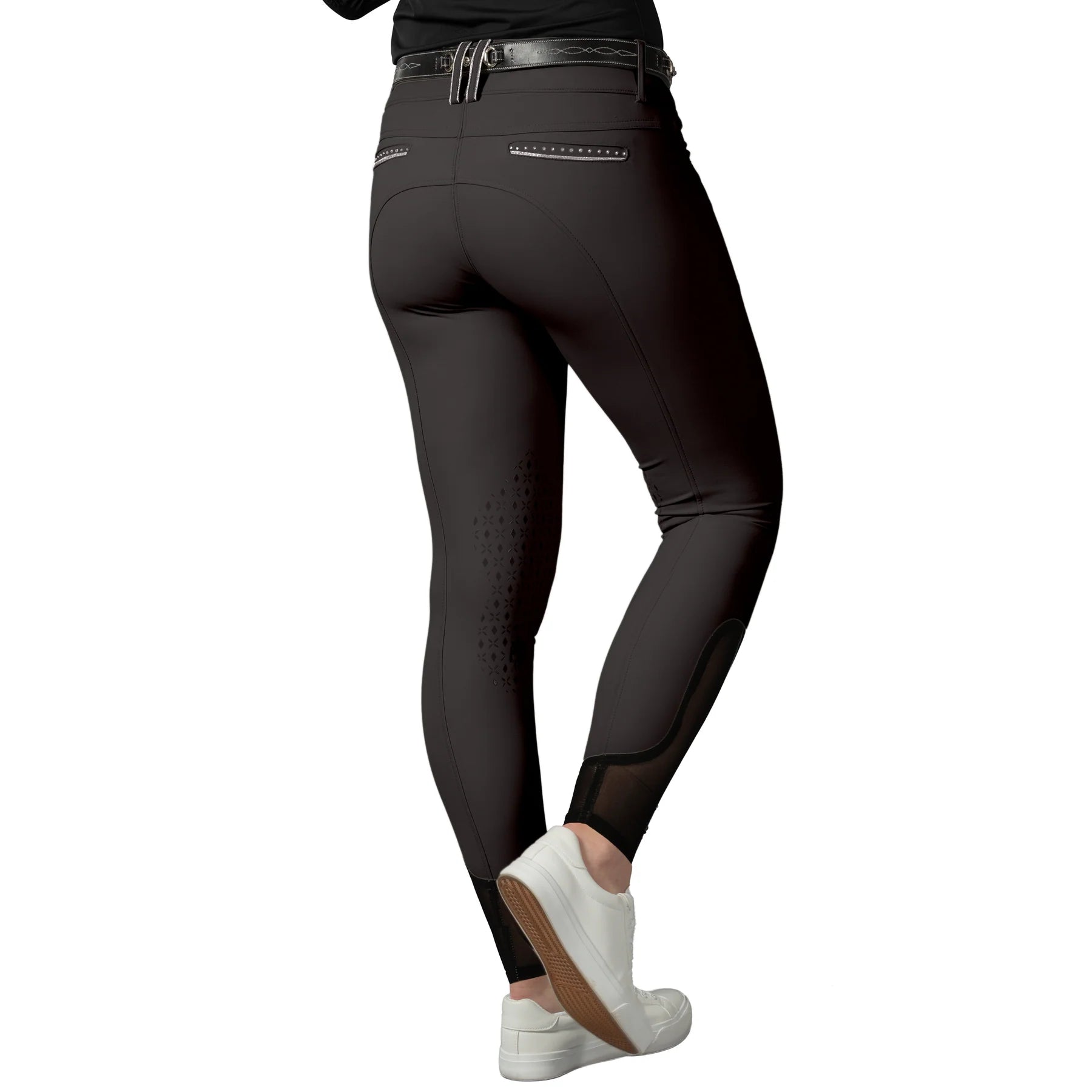 Back view of a model wearing the Anthracite Equinavia Victoria Knee Patch Breeches on a plain background