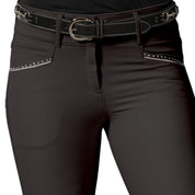 Front closeup view of a model wearing the Anthracite Equinavia Victoria Knee Patch Breeches on a plain background