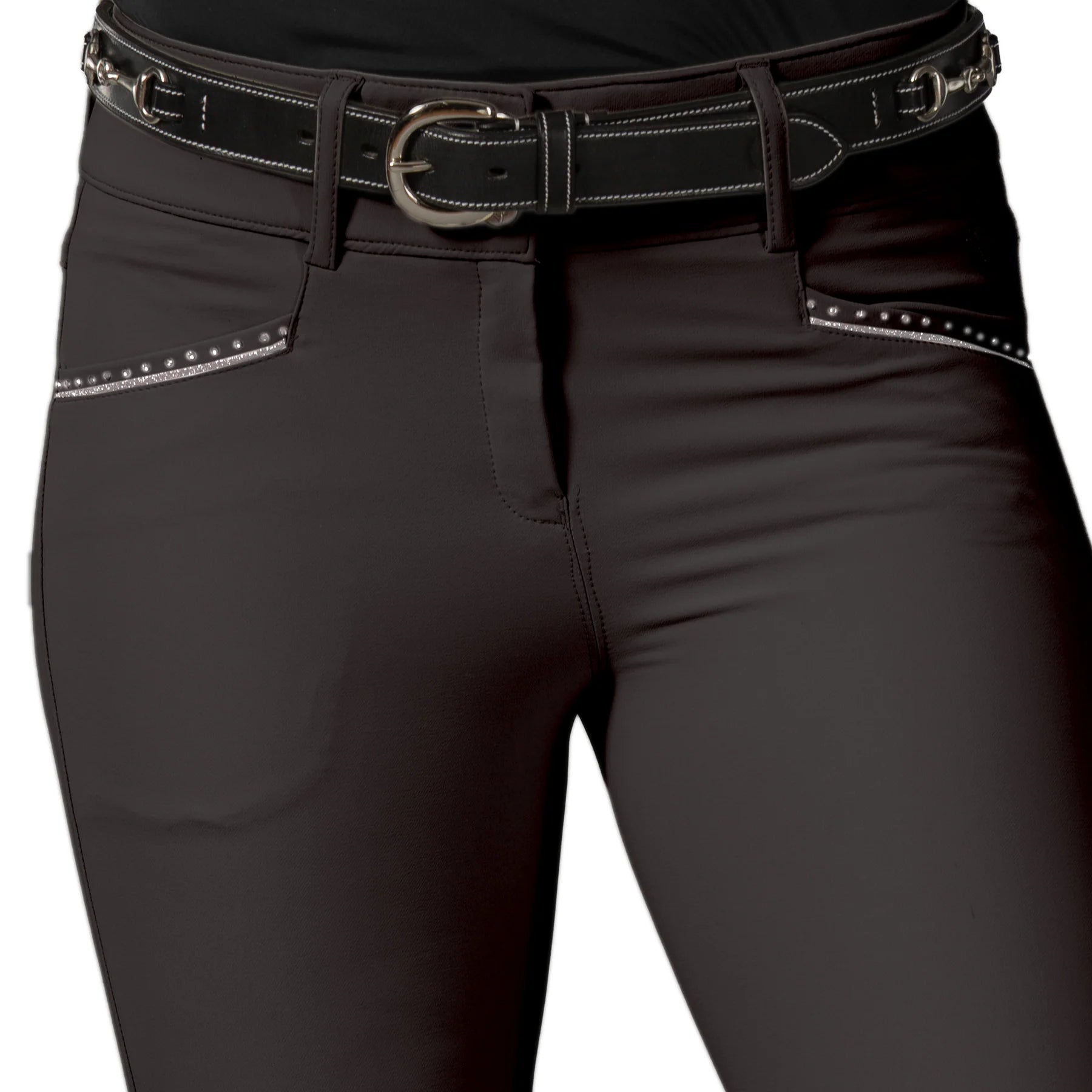 Front closeup view of a model wearing the Anthracite Equinavia Victoria Knee Patch Breeches on a plain background