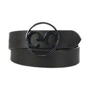 Full view of a rolled up black Equinavia Dagny Leather Belt on a white background