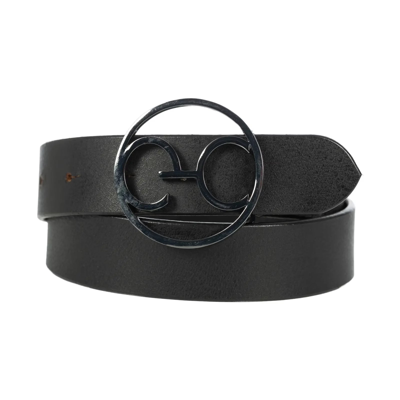 Full view of a rolled up black Equinavia Dagny Leather Belt on a white background