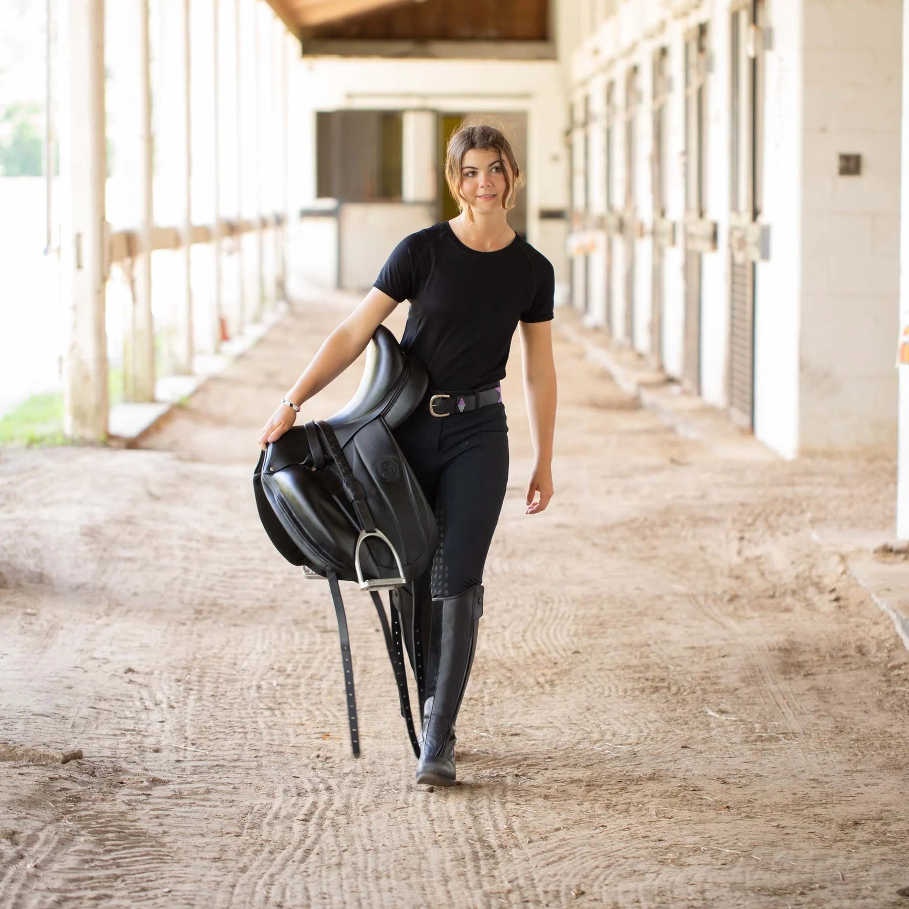 Front view of a model wearing Black Equinavia Anna Tailored Full Seat Breech